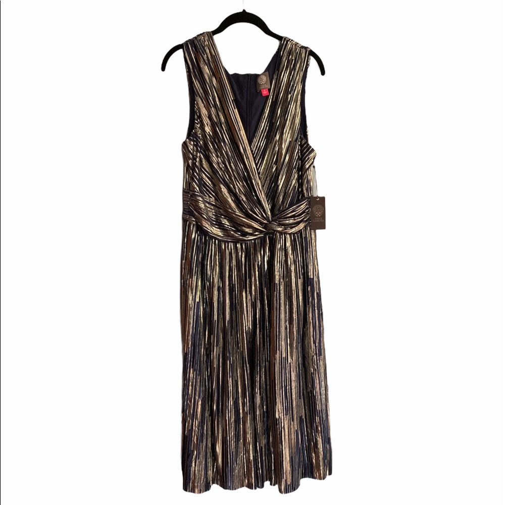 Vince Camuto Blue Metallic Pleated V-Neck Dress Size 14 NWT